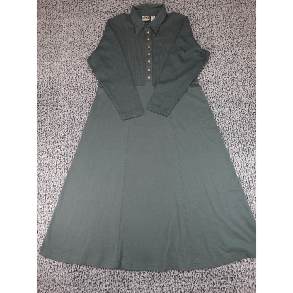 LL Bean Long Sleeve Polo Dress Womens Large Petite Green Cotton Knit Midi
